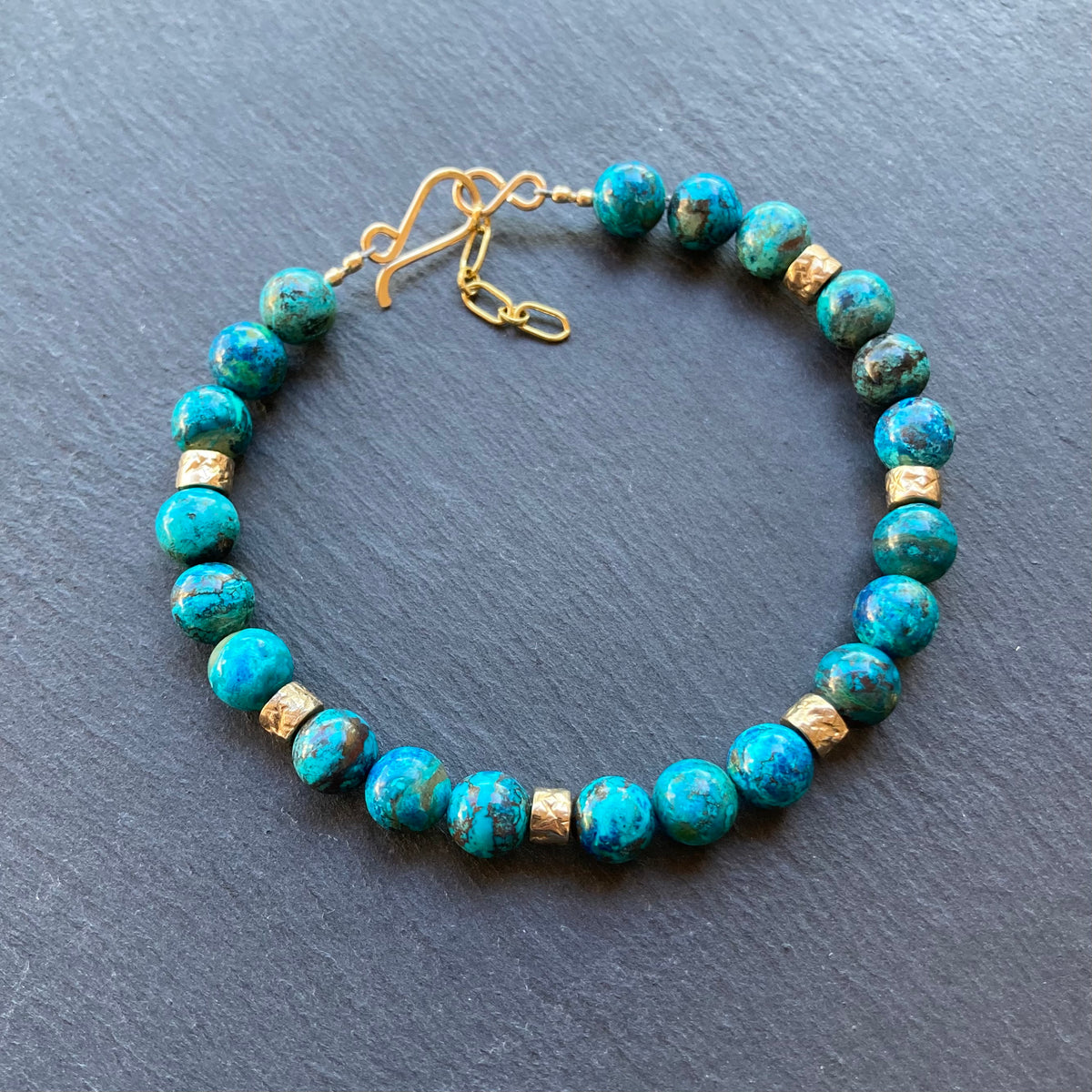 Men’s/Unisex Shattuckite, Bronze & Gold Bracelet