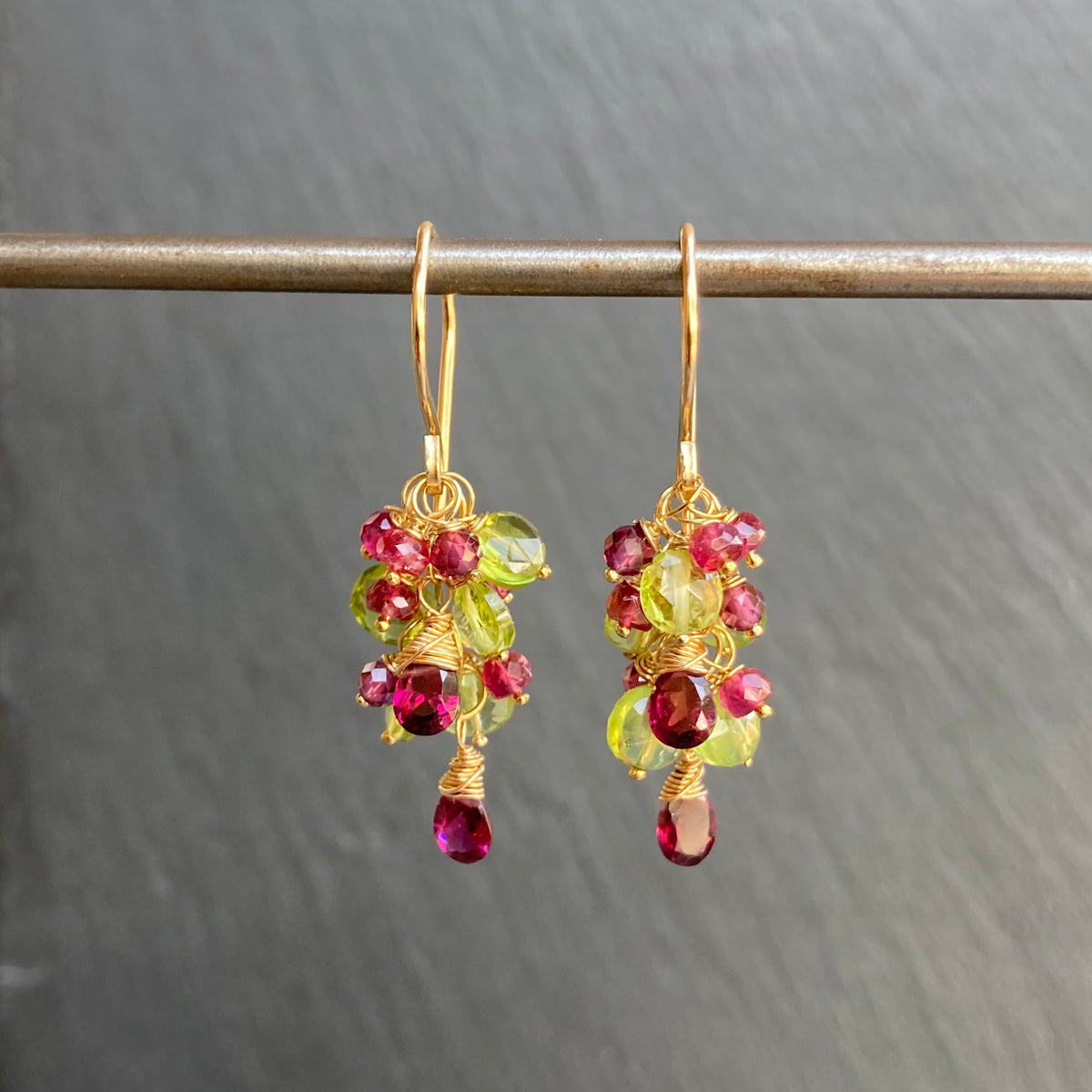 Custom Peridot, Rhodolite, Rubelite & Gold Cascade Earrings