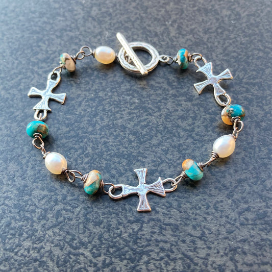 Kingman Turquoise, Spiny Oyster, Freshwater Pearl & Sterling Silver Artisan Cross Bracelet