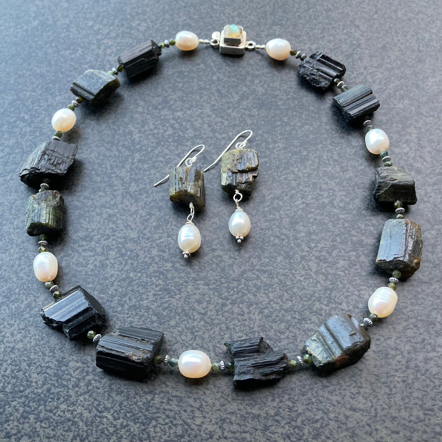 Raw Black Tourmaline, Freshwater Pearl & Sterling Silver Protection Collar