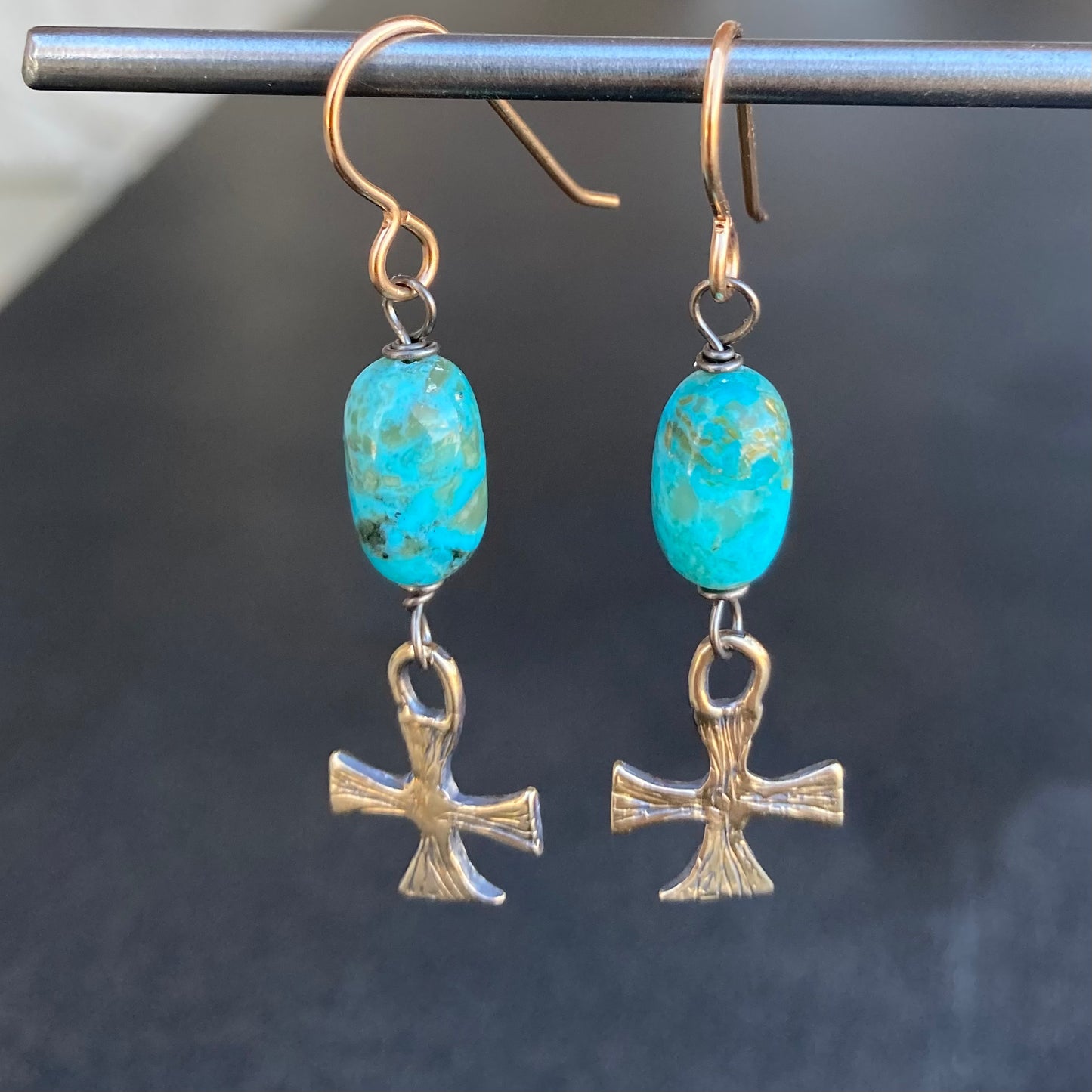 Kingman Turquoise & Bronze Artisan Cross Earrings