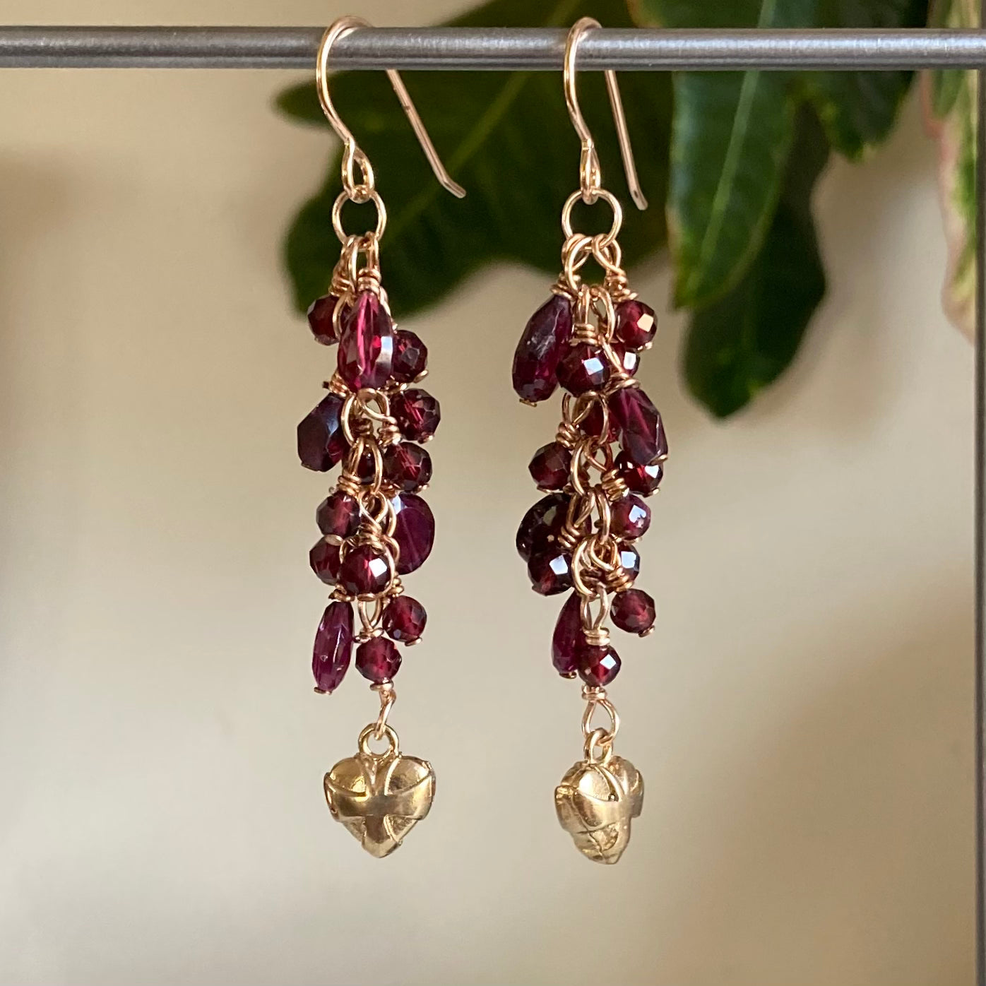 Rhodolite Garnet & Bronze Heart Cascade Earrings