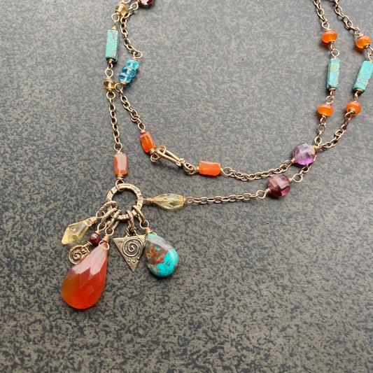 Carnelian Multi Gemstone & Bronze Sacred Spiral Charm Necklace