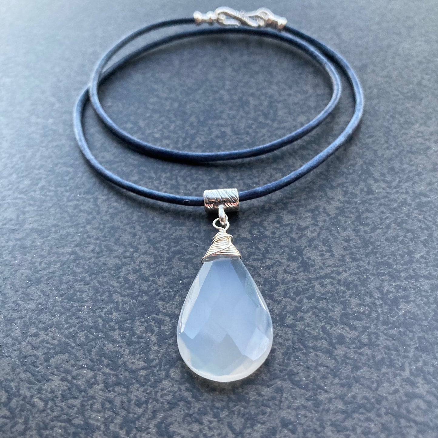 Gray Chalcedony & Sterling Silver Leather Choker