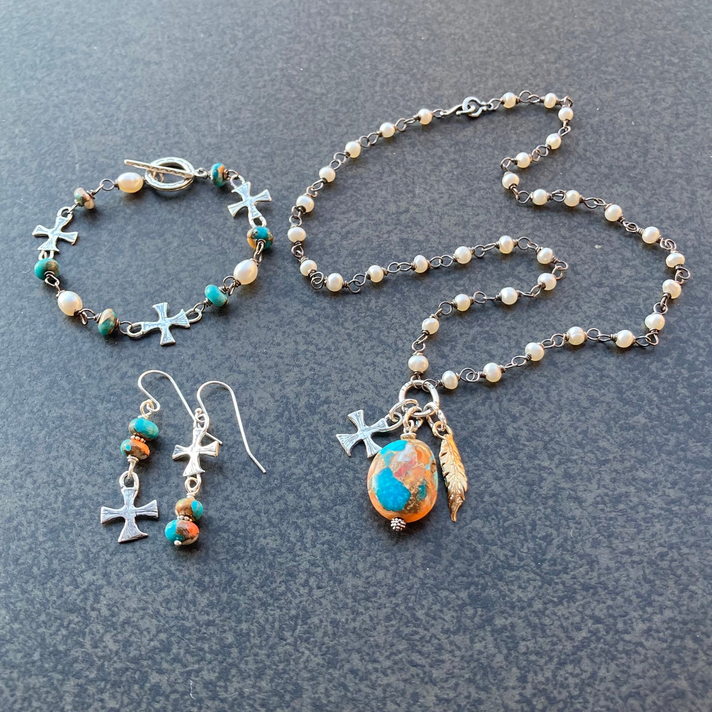 Kingman Turquoise, Spiny Oyster, Freshwater Pearl & Sterling Silver Artisan Cross Bracelet