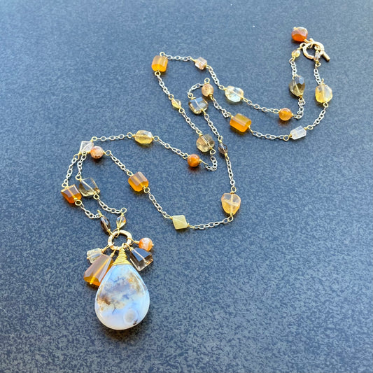 Multi Gemstone, Dendritic Montana Agate & Mixed Metal Charm Necklace