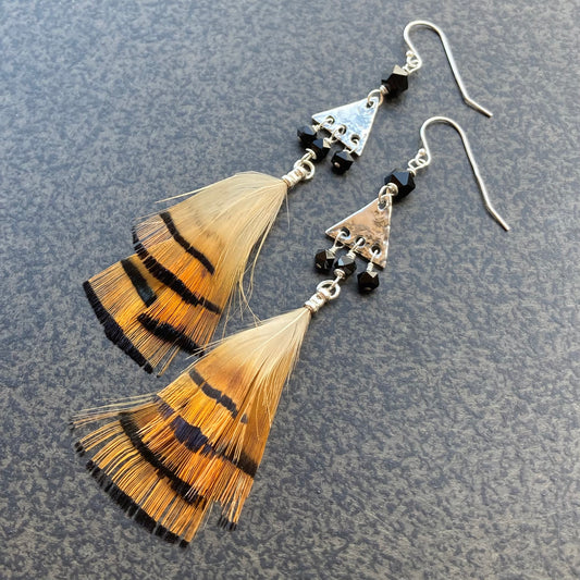 Feather, Black Onyx & Sterling Silver Triangle Earrings