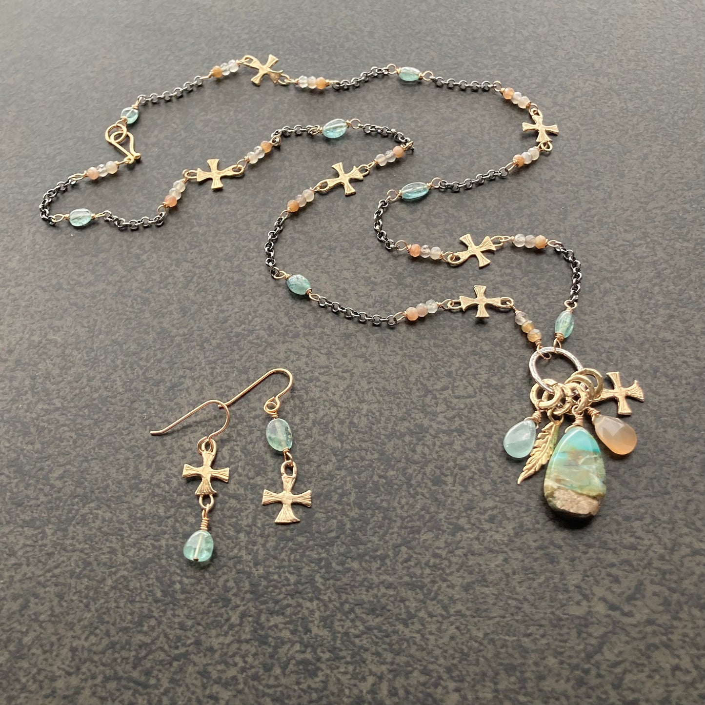 Aquamarine & Bronze Artisan Cross Earrings