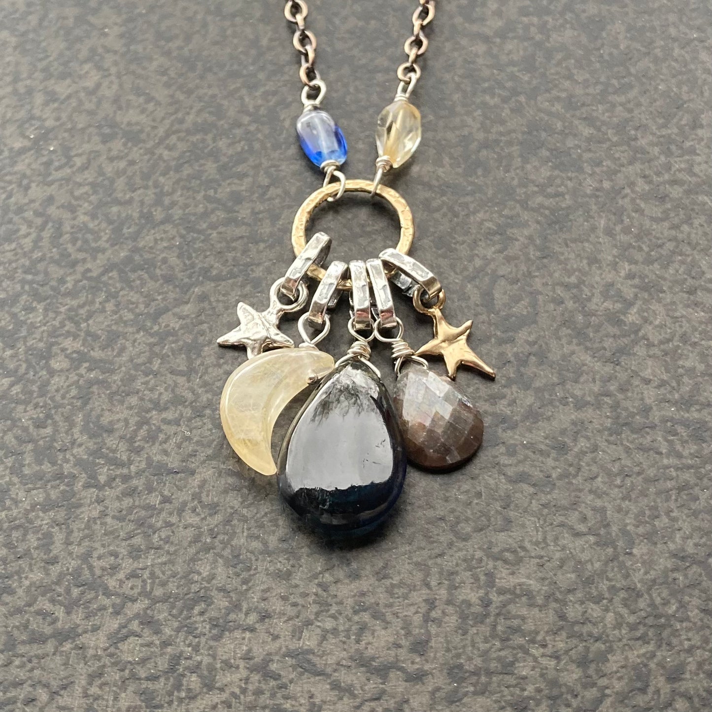 Blue Kyanite Multi Gemstone & Mixed Metal Celestial Charm Necklace