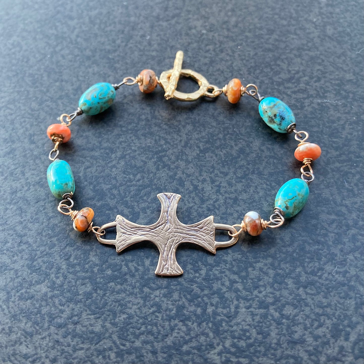 Kingman Turquoise & Bronze Artisan Cross Bracelet
