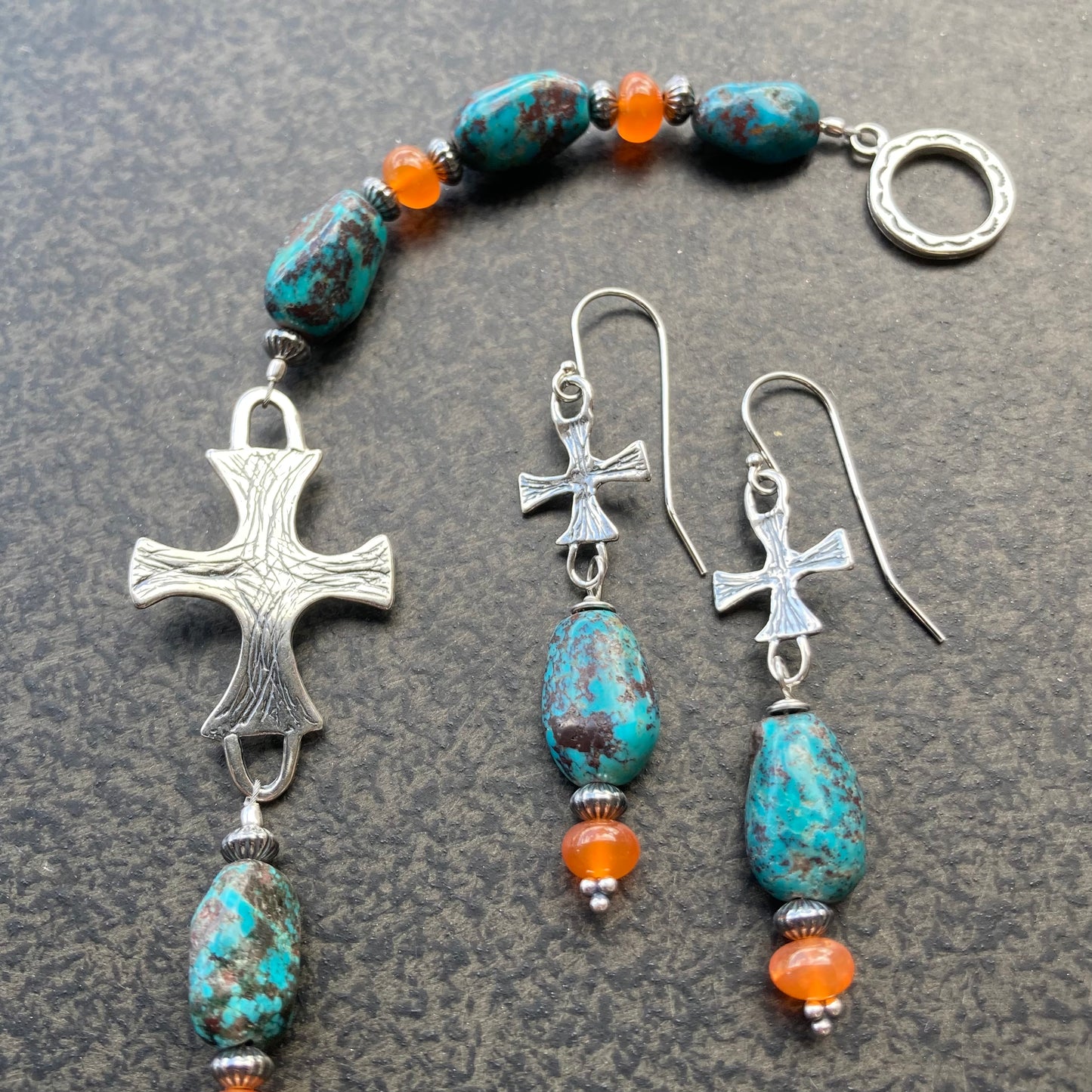 Tibetan Turquoise, Carnelian & Sterling Silver Artisan Cross Earrings