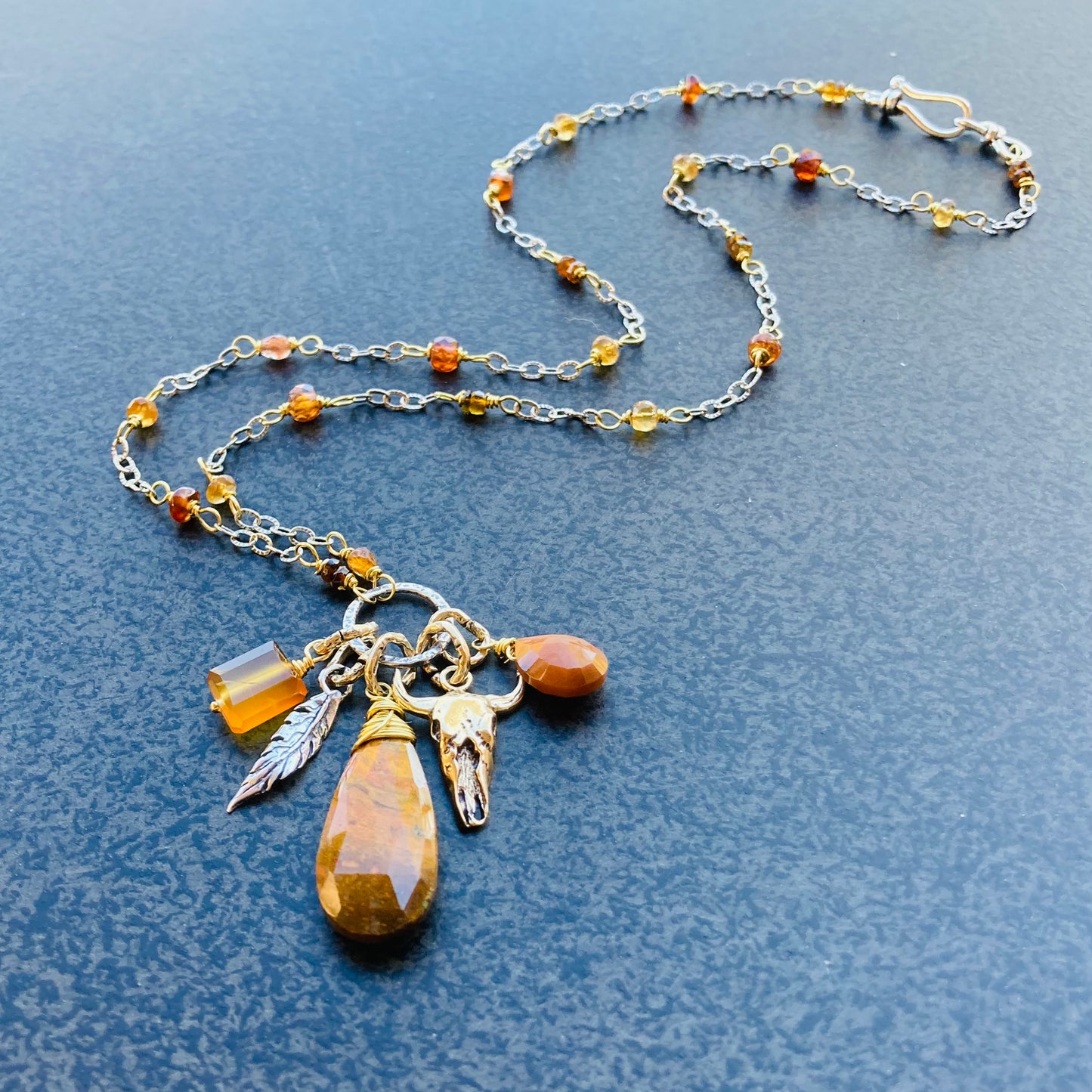 Golden Mookaite Multi Gemstone & Mixed Metal Charm Necklace