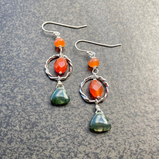 Carnelian, Moss Agate & Sterling Silver Earrings