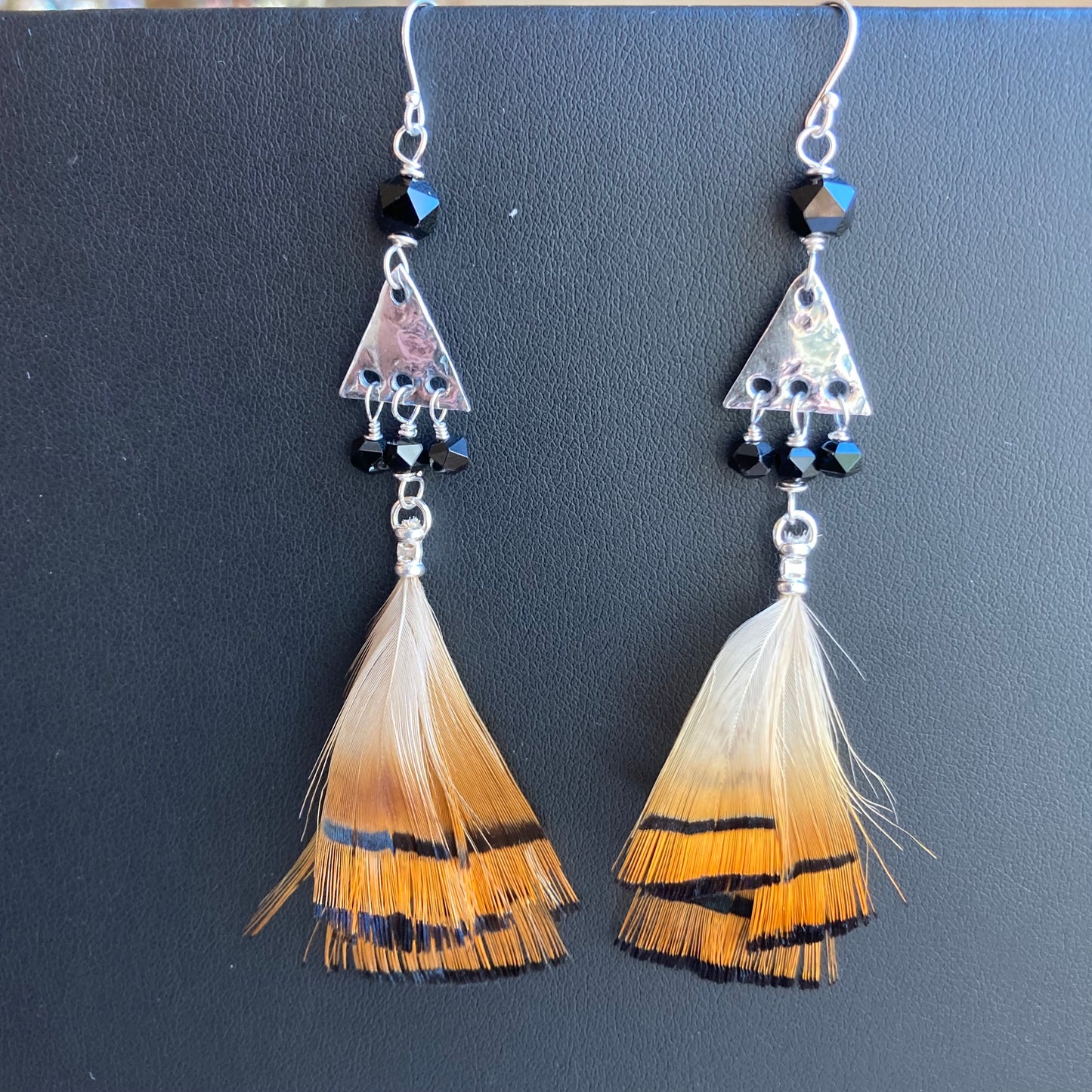 Feather, Black Onyx & Sterling Silver Triangle Earrings