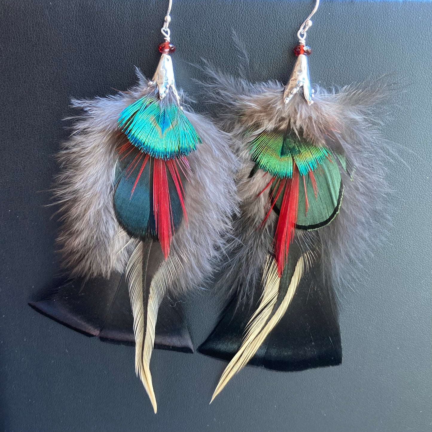 Feather, Garnet & Sterling Silver Earrings