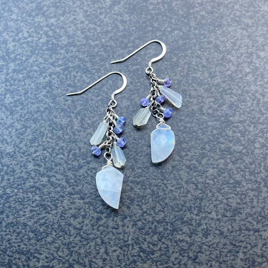 Rainbow Moonstone, Tanzanite & Sterling Silver Snow Queen Cascade Earrings