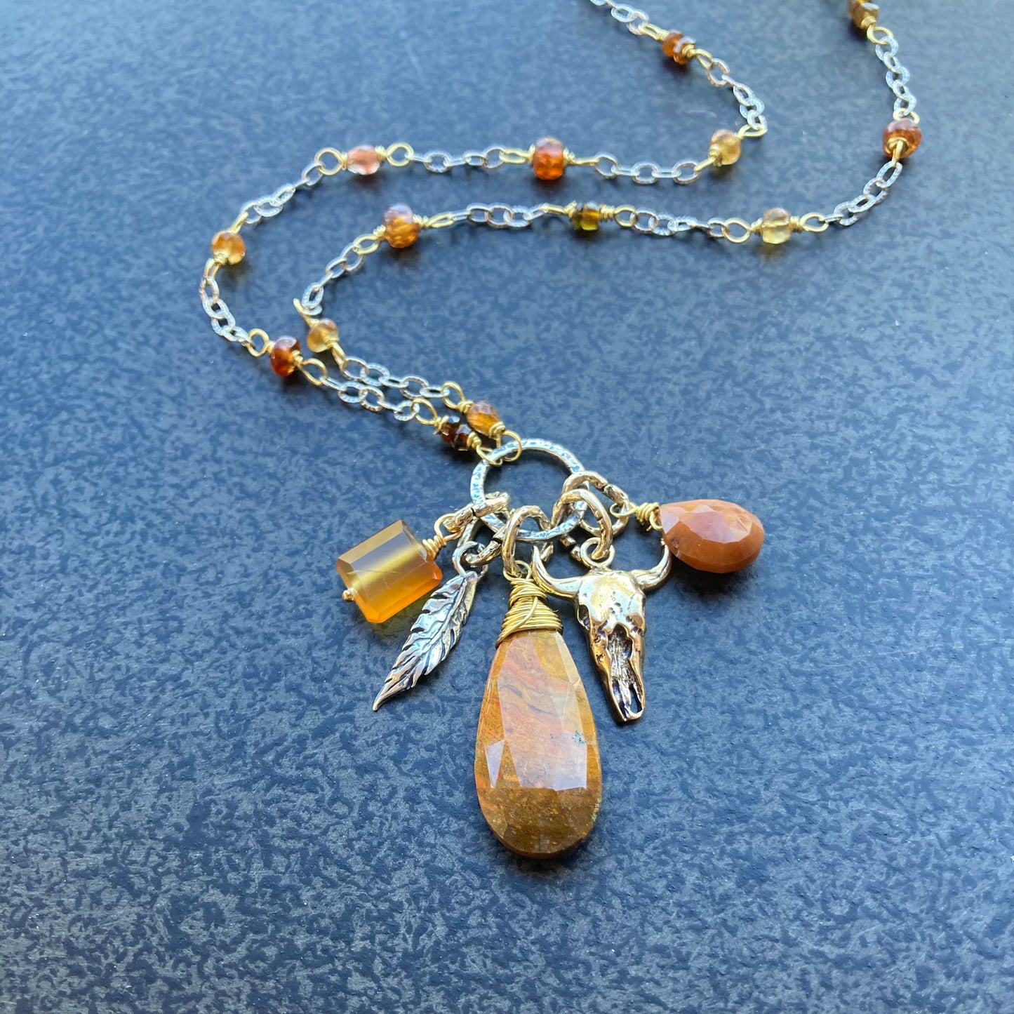 Golden Mookaite Multi Gemstone & Mixed Metal Charm Necklace