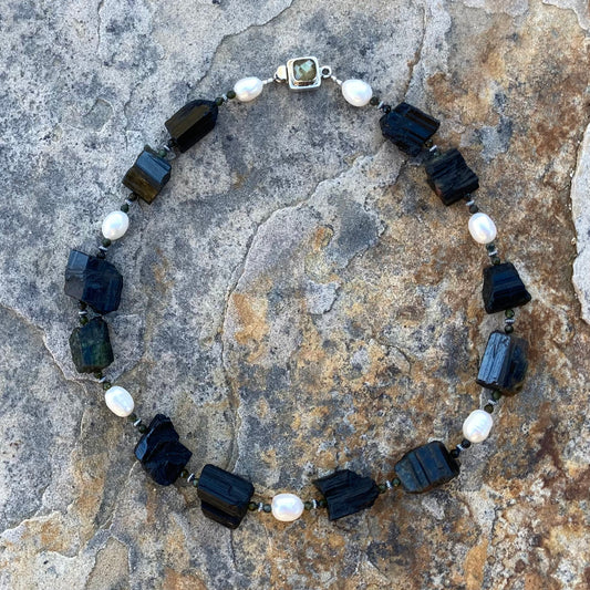 Raw Black Tourmaline, Freshwater Pearl & Sterling Silver Protection Collar