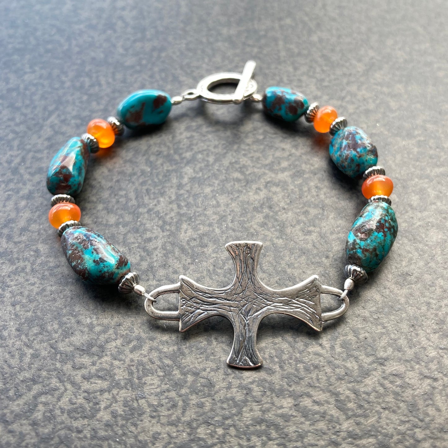 Tibetan Turquoise, Carnelian & Sterling Silver Artisan Cross Bracelet
