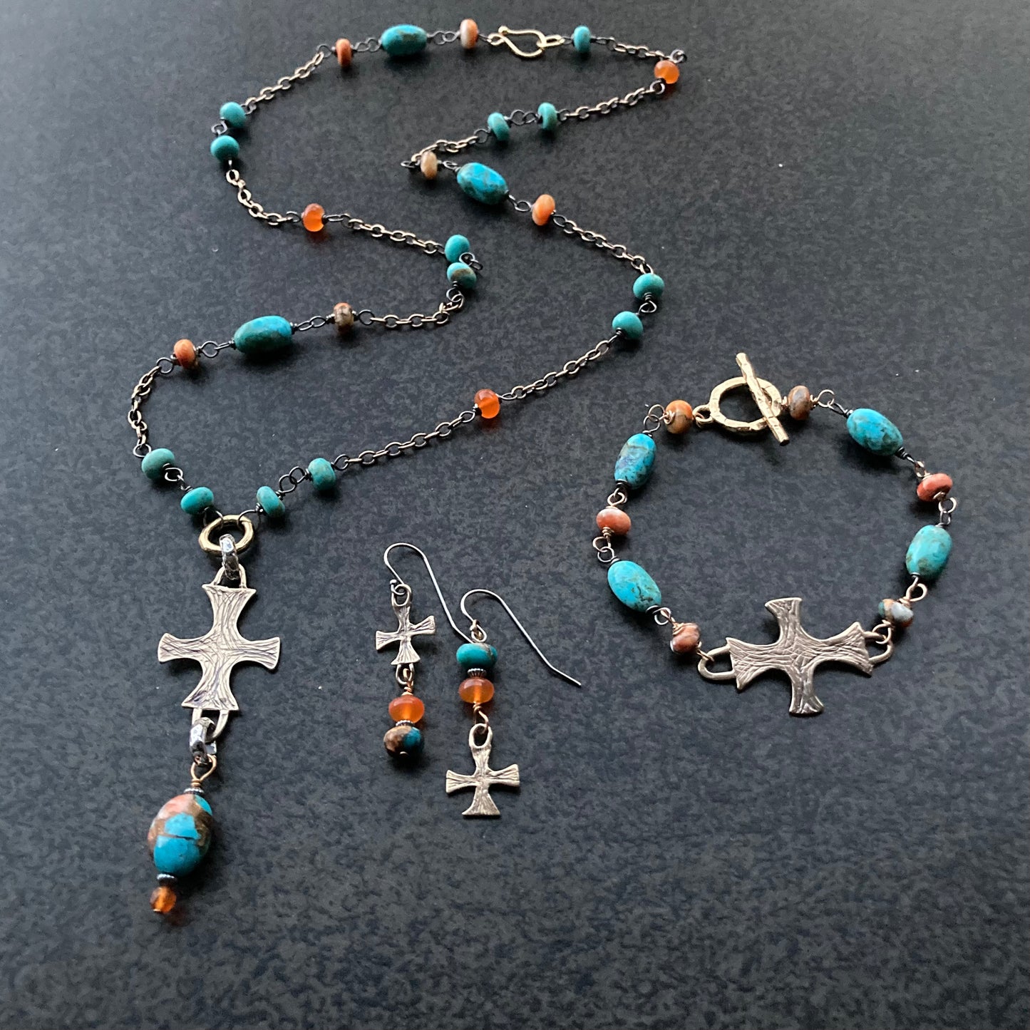 Kingman Turquoise, Spiny Oyster, Bronze & Carnelian Mixed Metal Artisan Cross Necklace