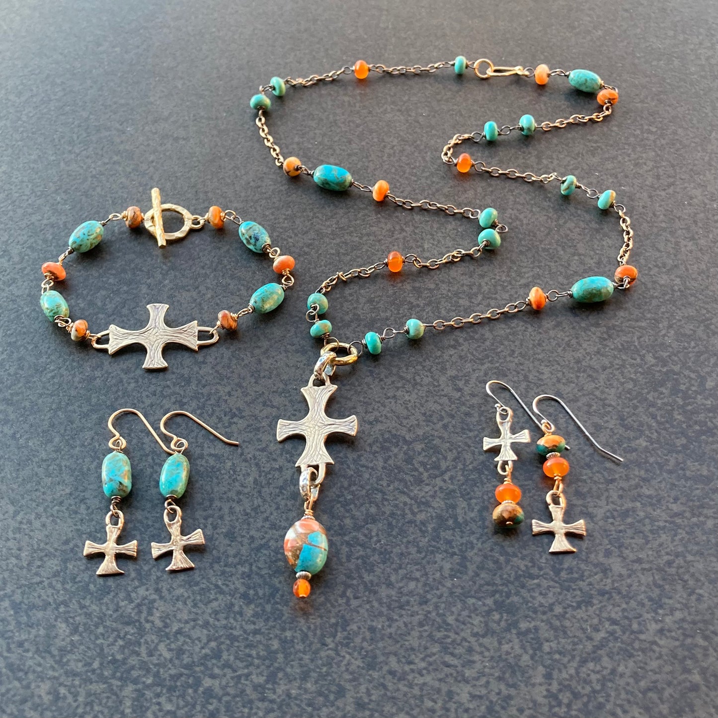 Kingman Turquoise, Spiny Oyster, Bronze & Carnelian Mixed Metal Artisan Cross Necklace