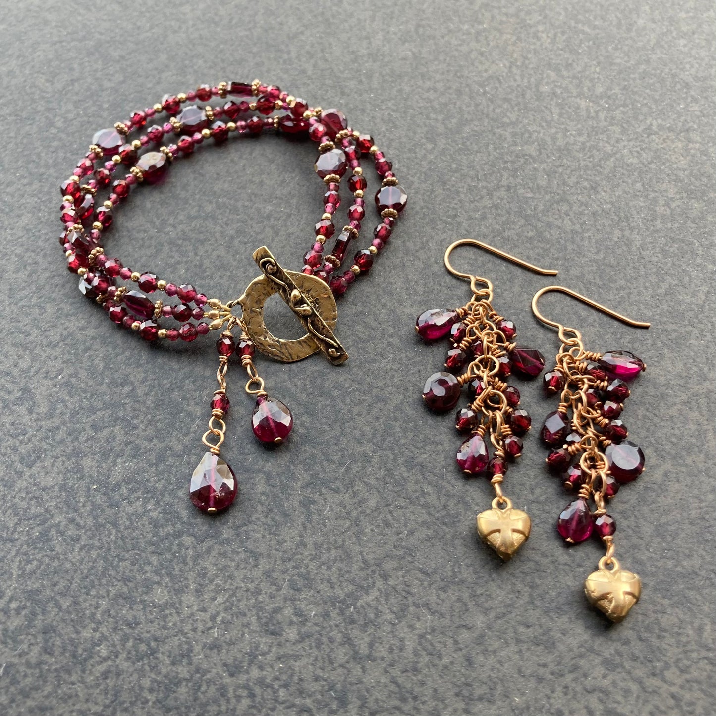 Rhodolite Garnet & Bronze Heart Cascade Earrings