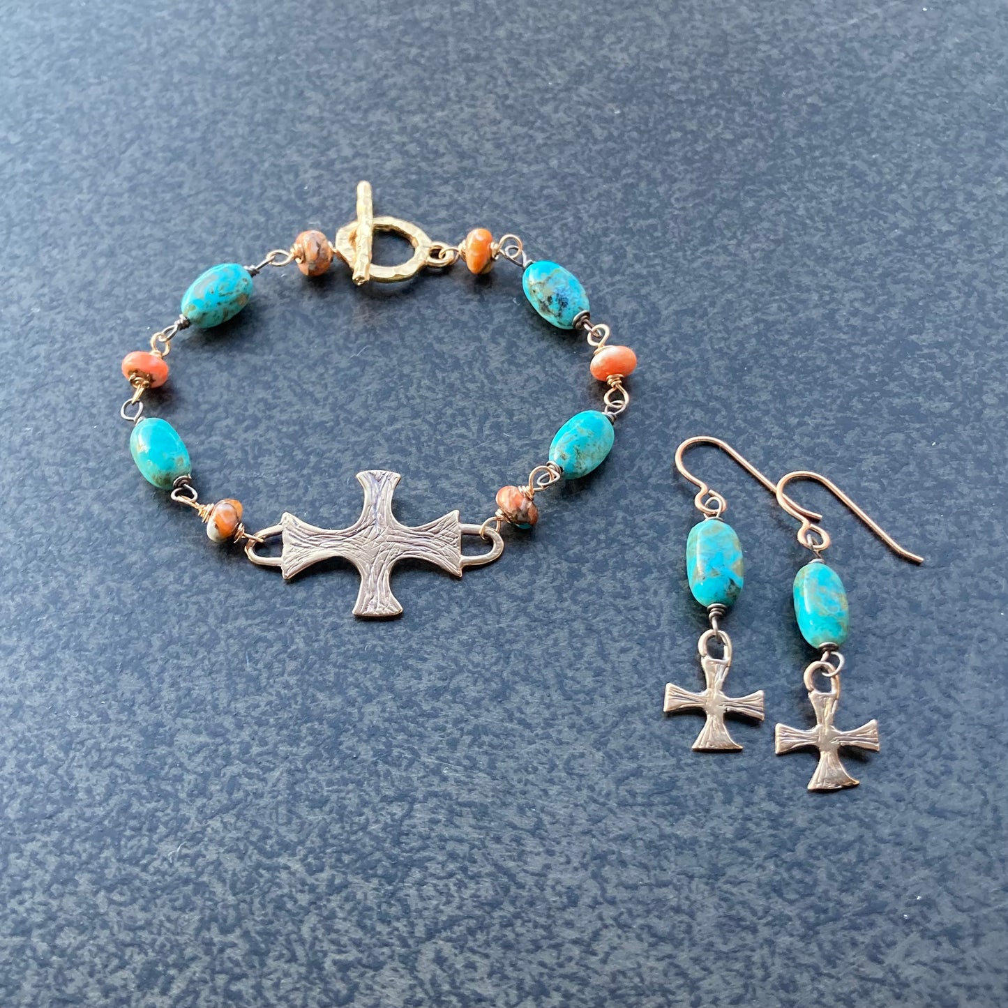 Kingman Turquoise & Bronze Artisan Cross Earrings
