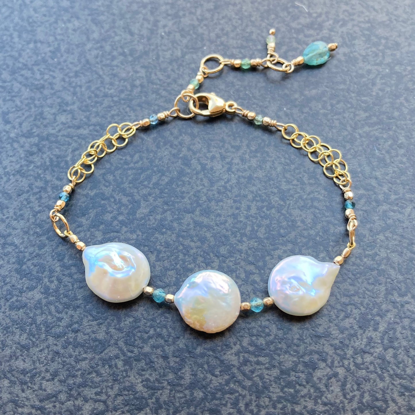 Freshwater Pearl, Aqua Tourmaline & 14k Gold Bracelet