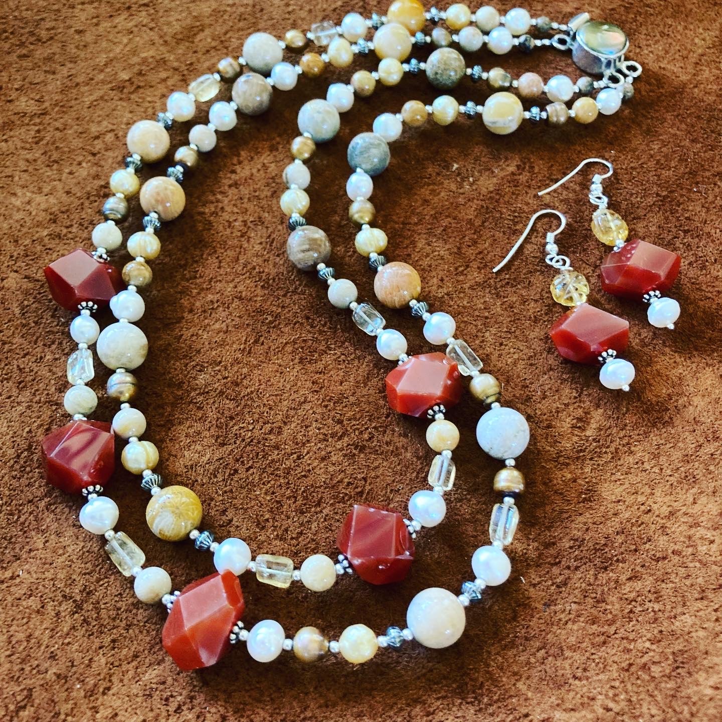 Fossil Coral, Pearl & Carnelian Double Strand Necklace