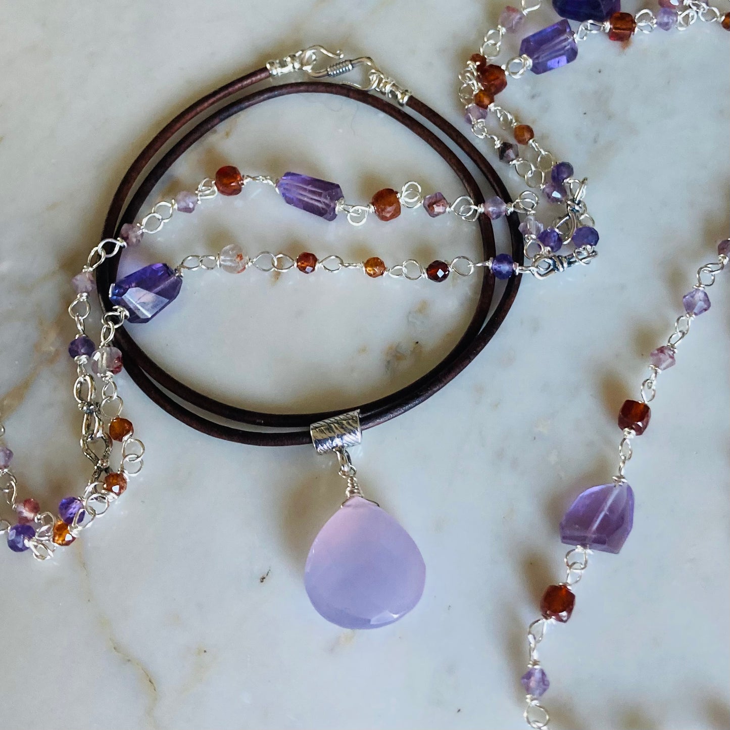 Lavender Chalcedony & Sterling Silver Leather Choker