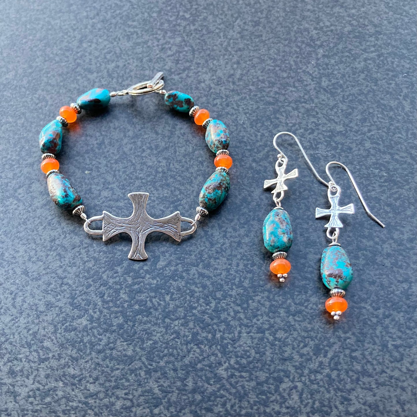 Tibetan Turquoise, Carnelian & Sterling Silver Artisan Cross Earrings