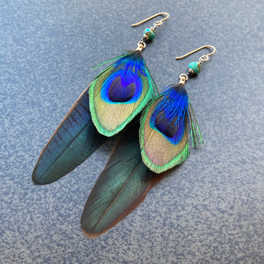 Peacock Feather, Kingman Turquoise & Mixed Metal Earrings