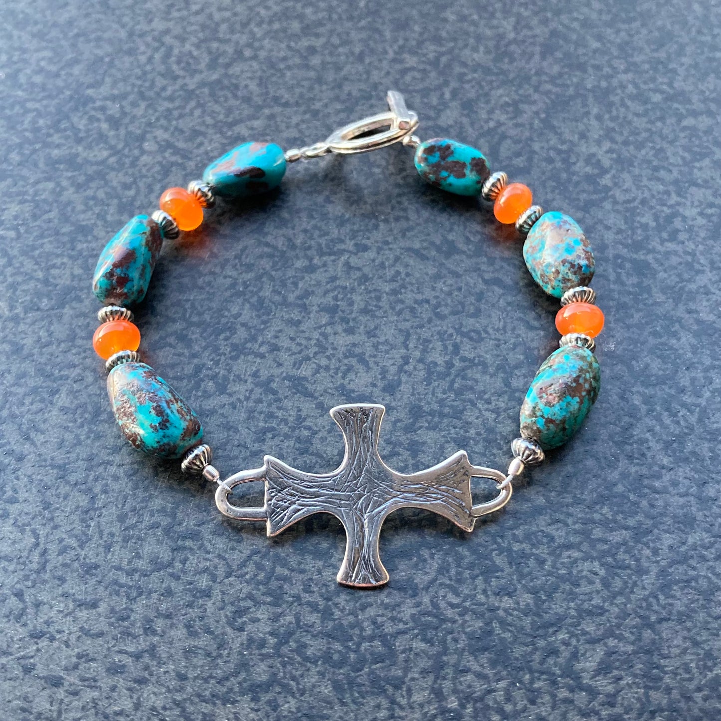 Tibetan Turquoise, Carnelian & Sterling Silver Artisan Cross Bracelet