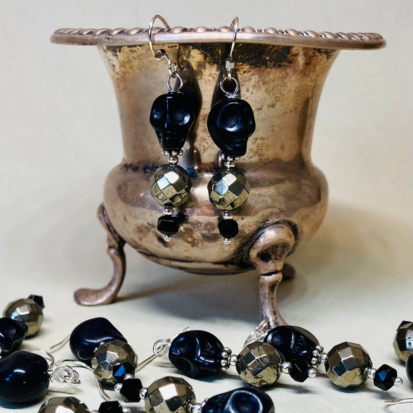 Pyrite, Black Onyx & Howlite Skull Earrings