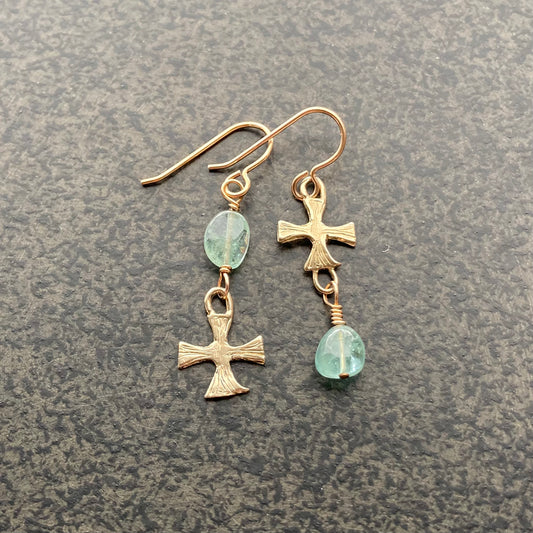 Aquamarine & Bronze Artisan Cross Earrings