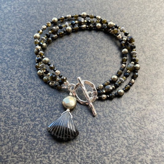 Black Onyx, Pyrite & Sterling Silver Triple Strand Bracelet