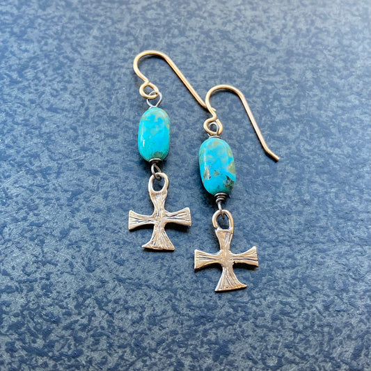 Kingman Turquoise & Bronze Artisan Cross Earrings