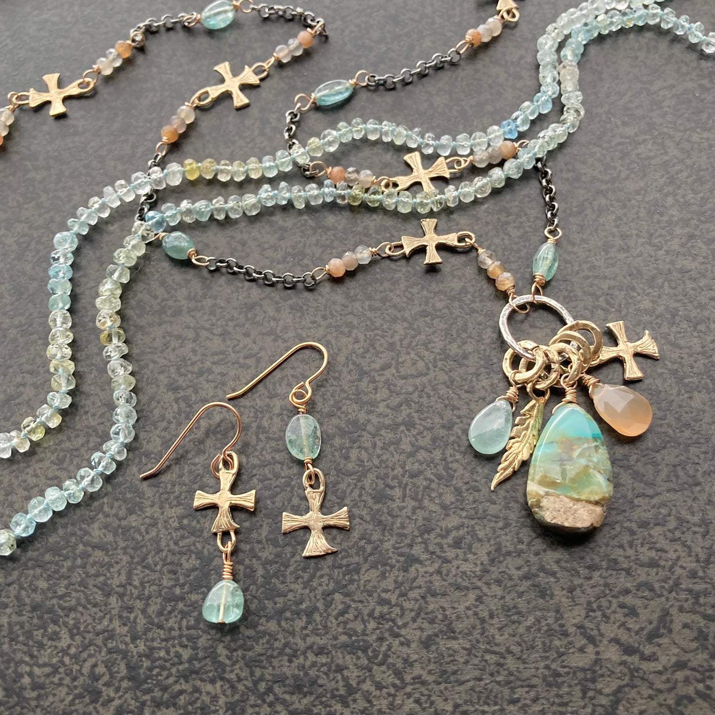 Aquamarine & Bronze Artisan Cross Earrings