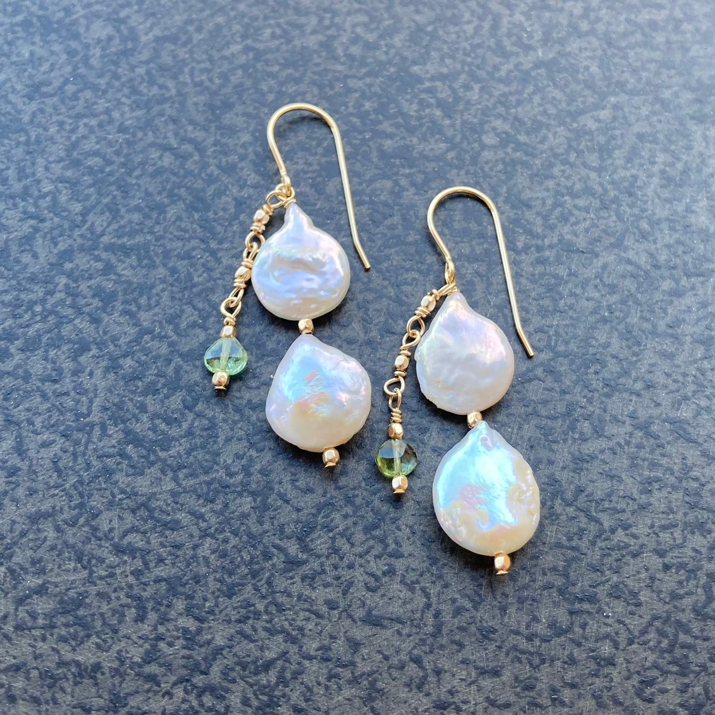 Freshwater Pearl, Green Tourmaline & 14k Gold Earrings