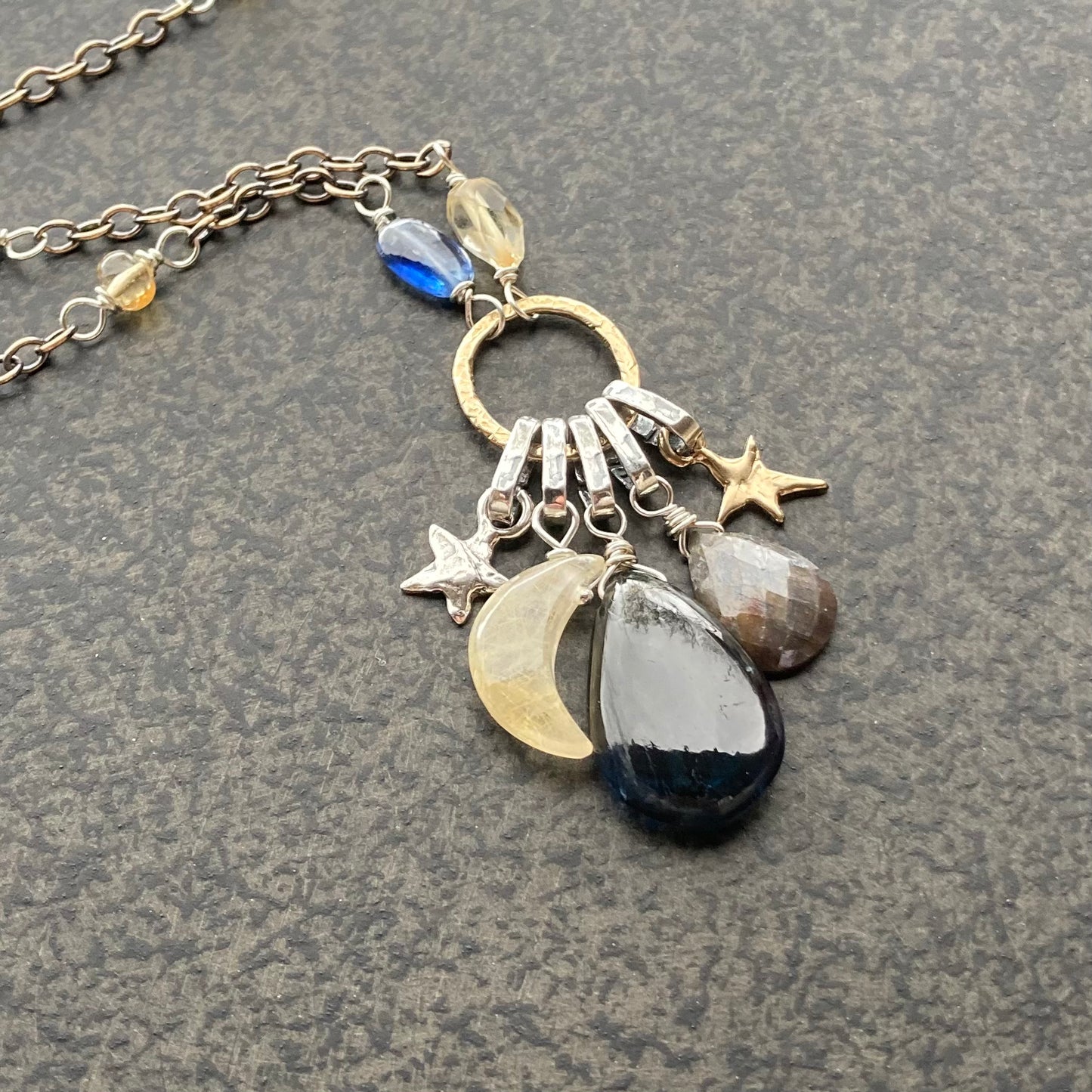 Blue Kyanite Multi Gemstone & Mixed Metal Celestial Charm Necklace