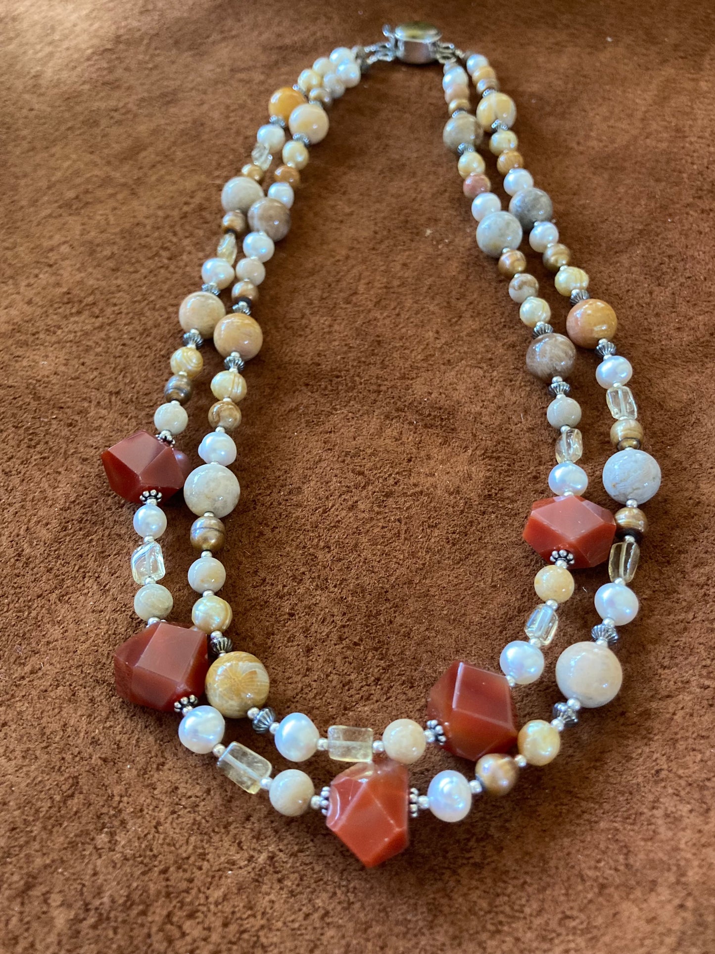 Fossil Coral, Pearl & Carnelian Double Strand Necklace