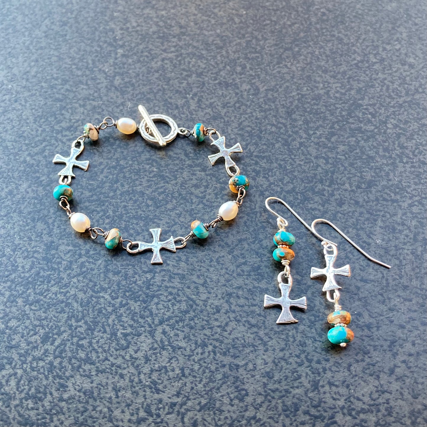 Kingman Turquoise, Spiny Oyster, Freshwater Pearl & Sterling Silver Artisan Cross Bracelet