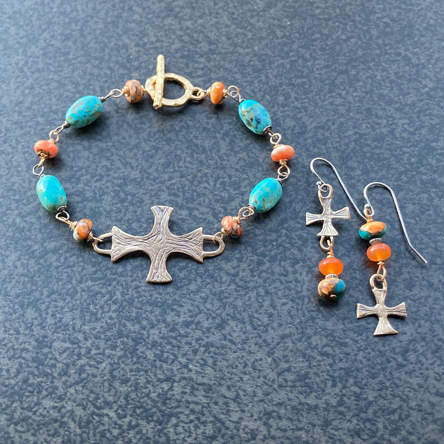 Kingman Turquoise, Spiny Oyster, Carnelian & Bronze Artisan Cross Earrings