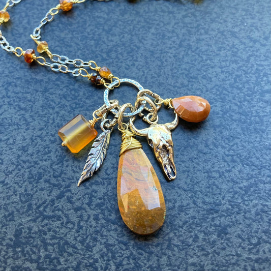 Golden Mookaite Multi Gemstone & Mixed Metal Charm Necklace