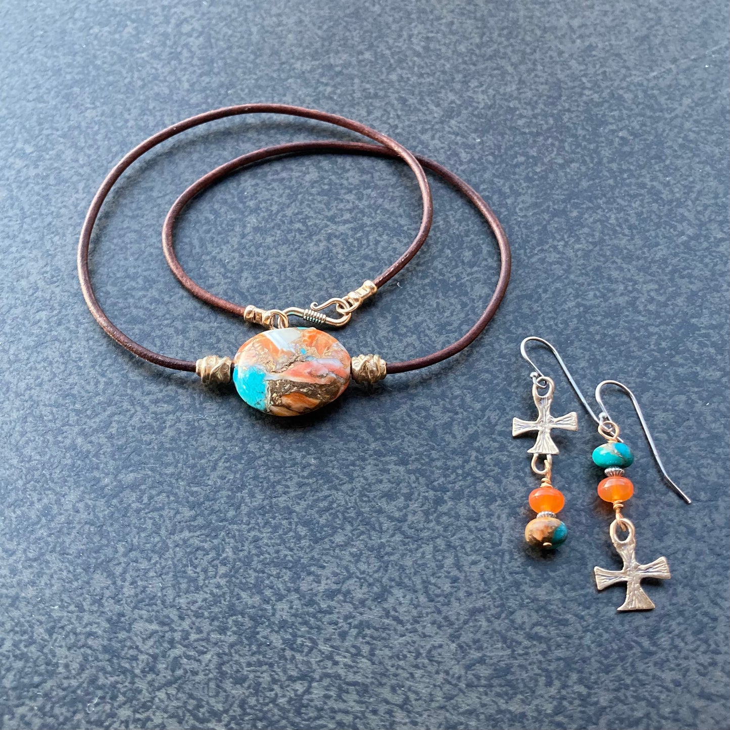 Kingman Turquoise, Spiny Oyster, Carnelian & Bronze Artisan Cross Earrings