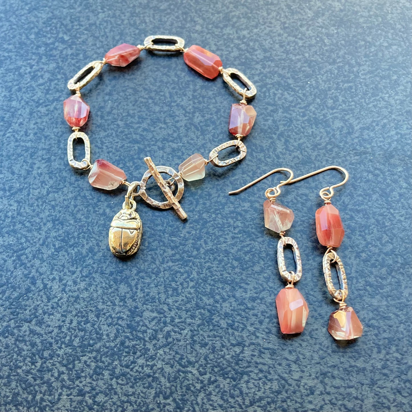 Andesine Labradorite & Bronze Scarab Bracelet
